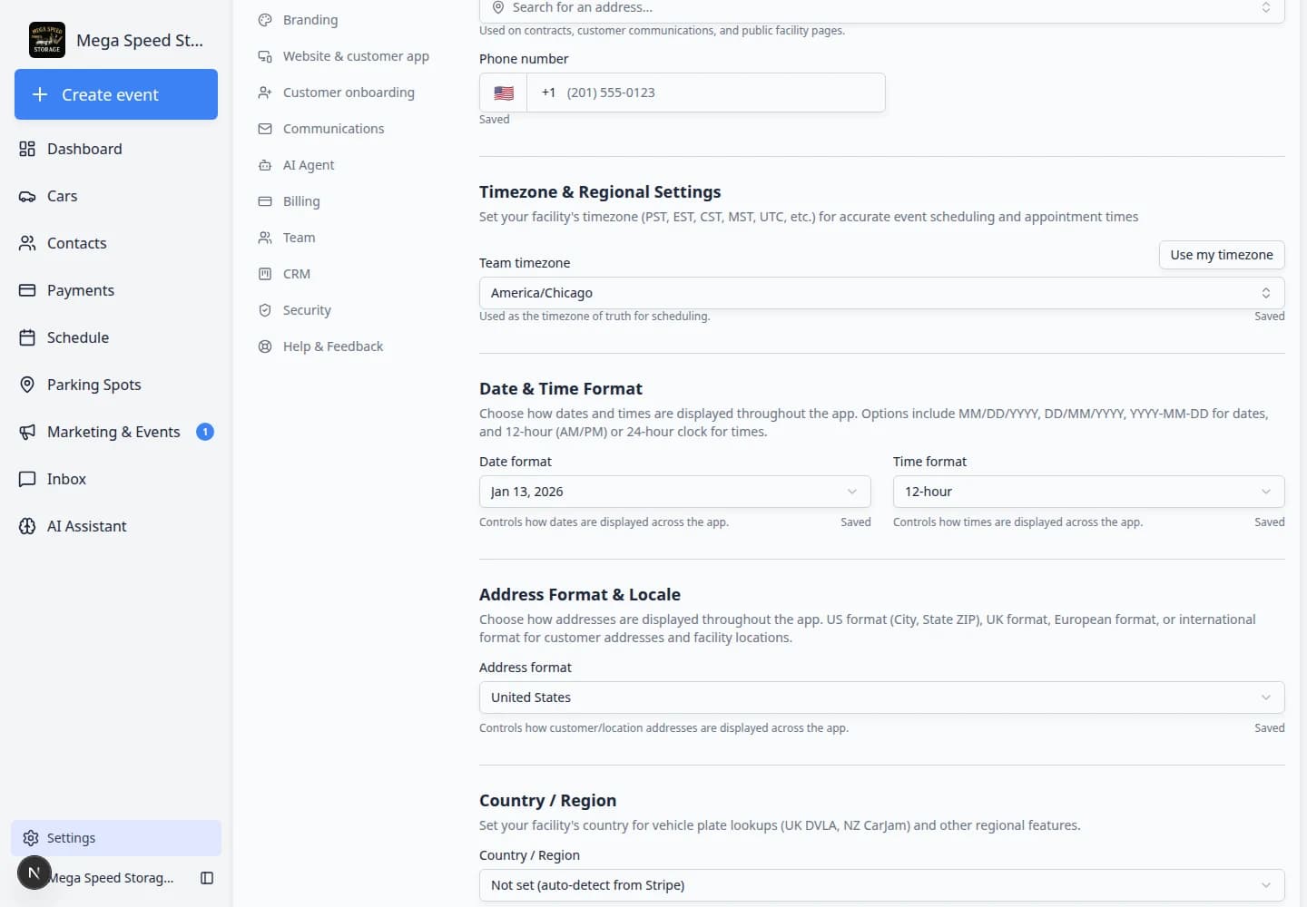 General settings scrolled to Address Format and Locale and Country or Region fields