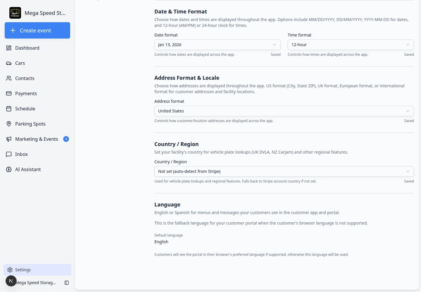 General settings page showing timezone, date format, address format, country, and language sections