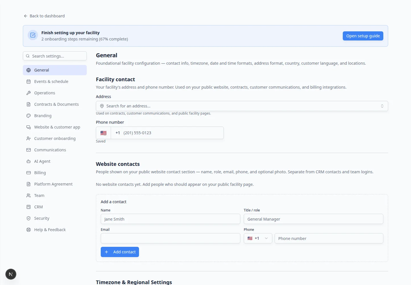 General settings page showing timezone, date format, address format, country, and language sections