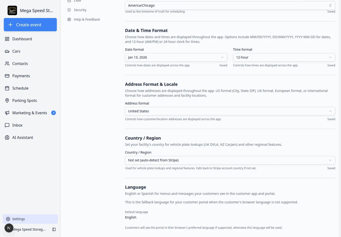 General settings Language section showing English and Spanish options for the customer portal