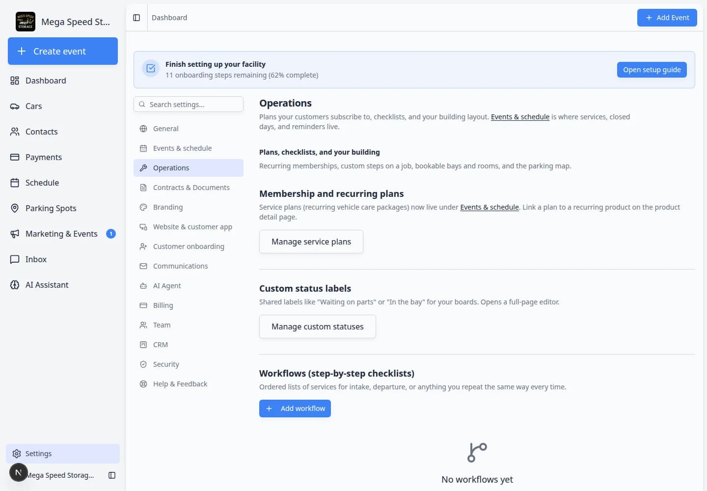 Operations settings page showing membership plans, custom status labels, workflows, bookable bays, and parking sections