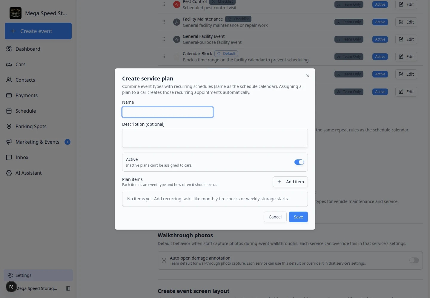 Create service plan dialog showing Premium Care Plan name, description, active switch, and plan items table