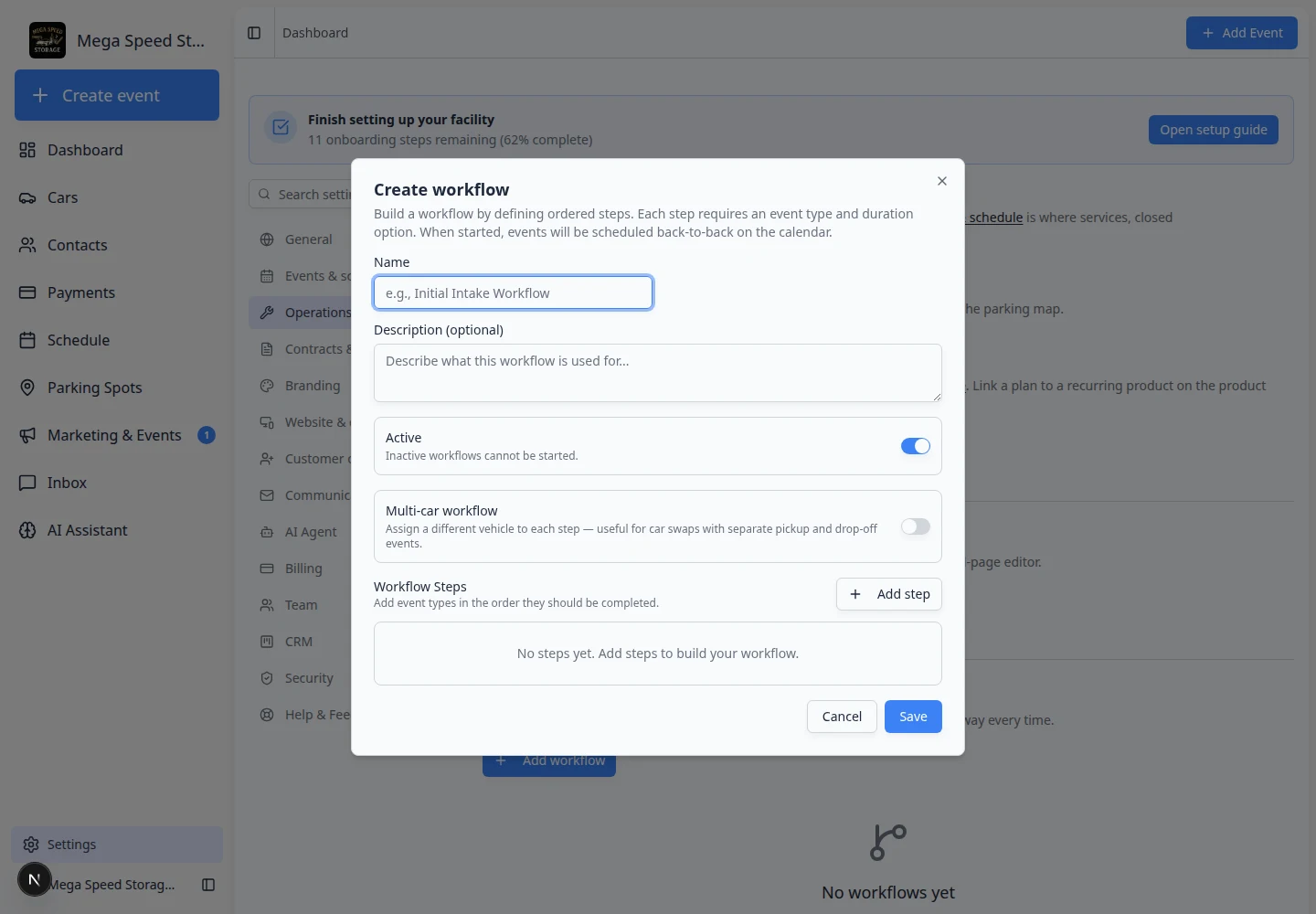 Create workflow dialog open with name field, description, Active switch, and Workflow Steps list