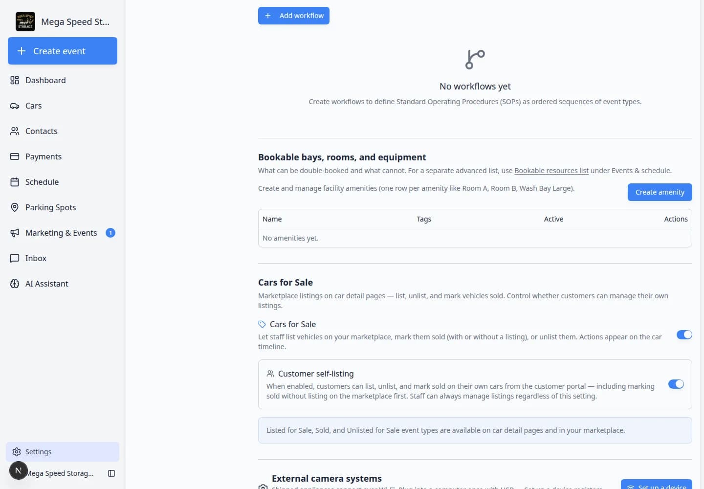 Operations settings showing the Workflows section with Add workflow button