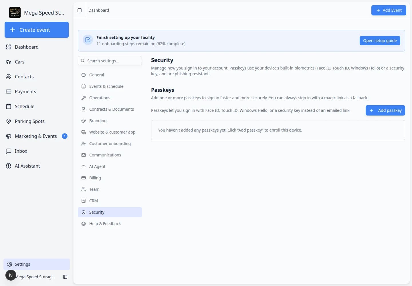 Security settings page showing Passkeys section