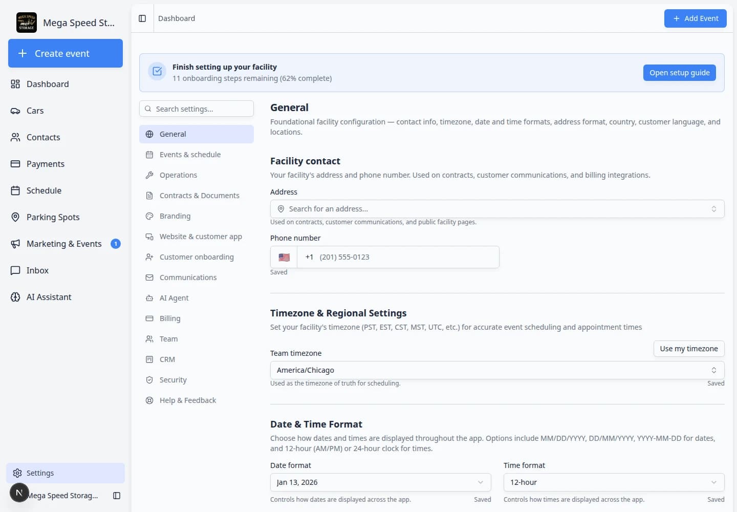 Settings page showing a search bar and category list on the left with General settings content on the right
