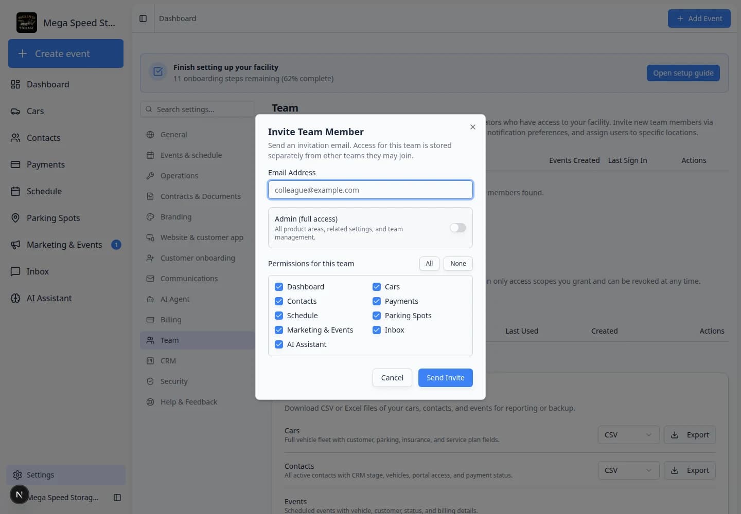 Invite Team Member dialog with email field, invite as team admin switch, and permission checkboxes