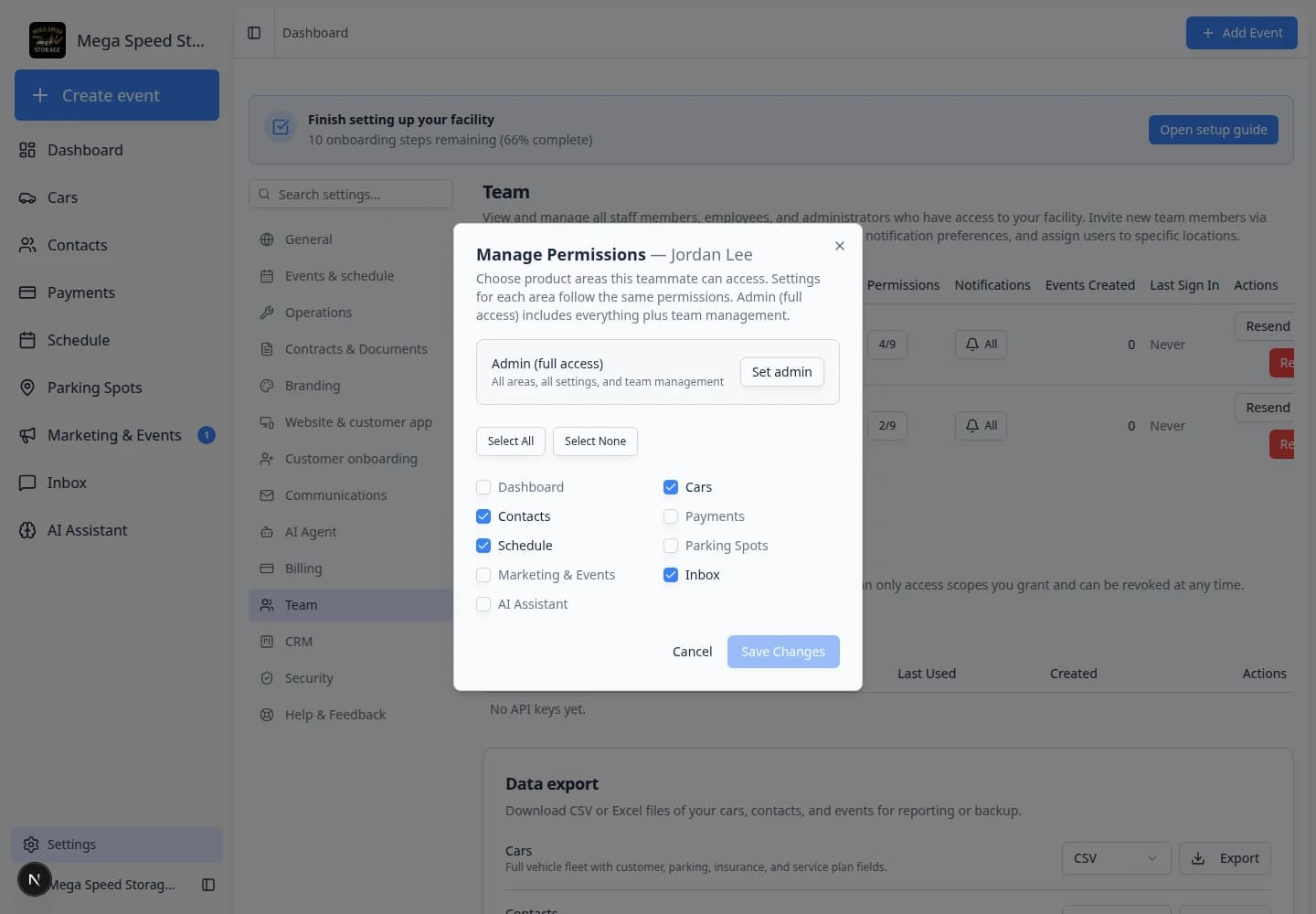 Notification Preferences dialog showing event type checkboxes with Select All and Select None buttons