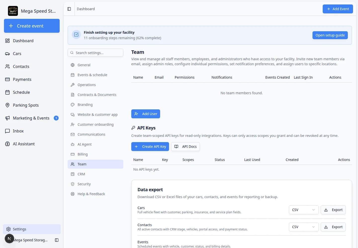 Team settings page showing staff list with Permissions, Notifications, and Actions columns