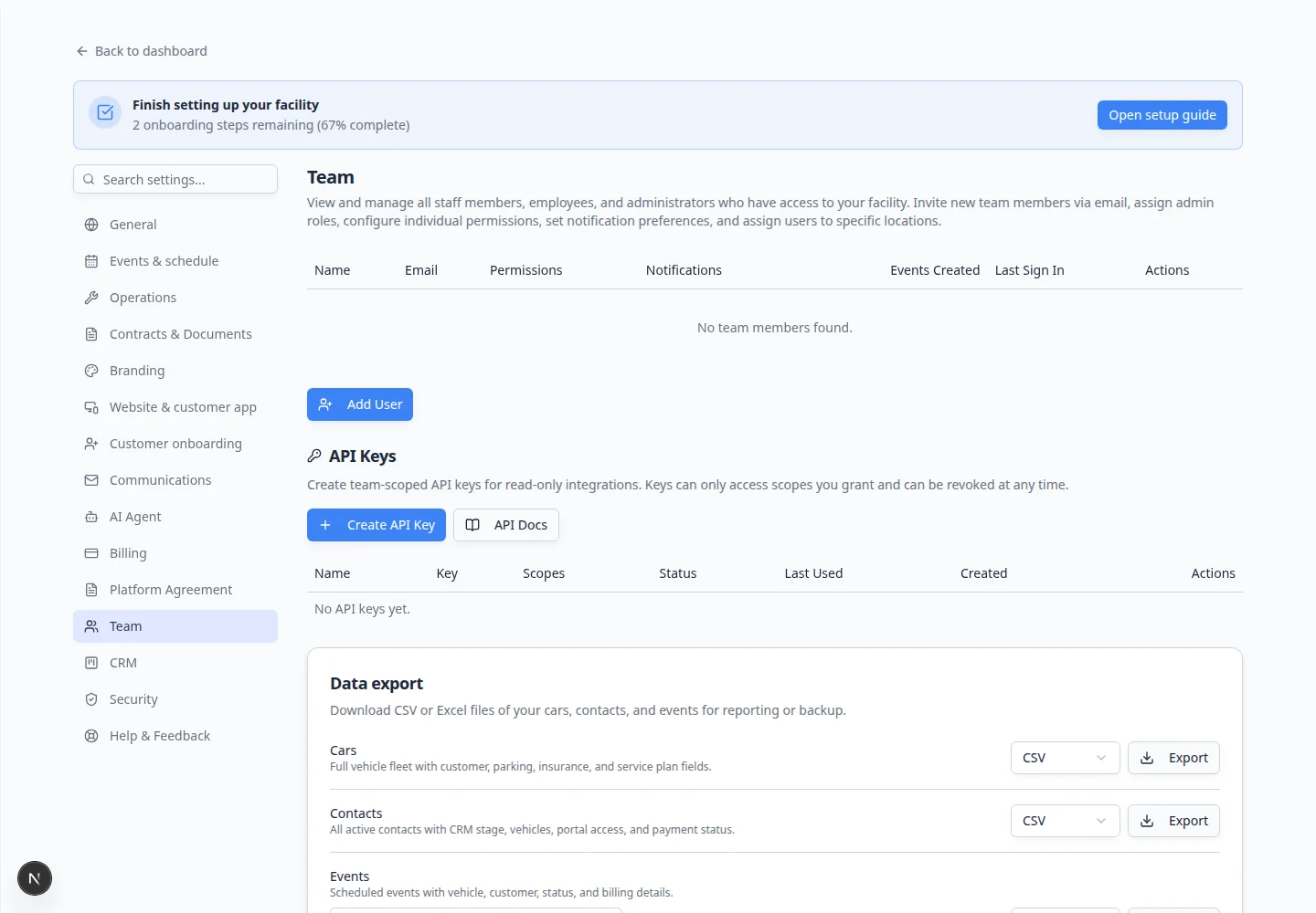 Team settings page showing staff members table with permissions, notifications, and pending invite status