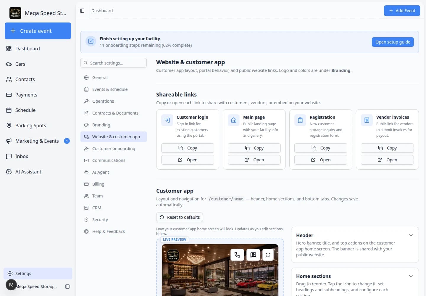 Website and customer app settings page showing customer app home layout, shareable links, booking widget, and public facility page sections