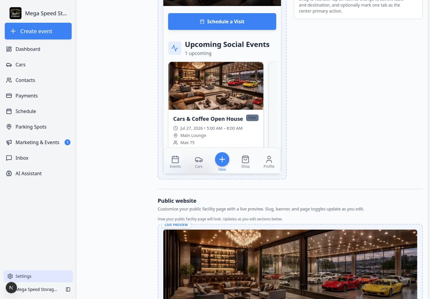 Website and customer app settings showing Shareable links with copy buttons for customer login and public pages